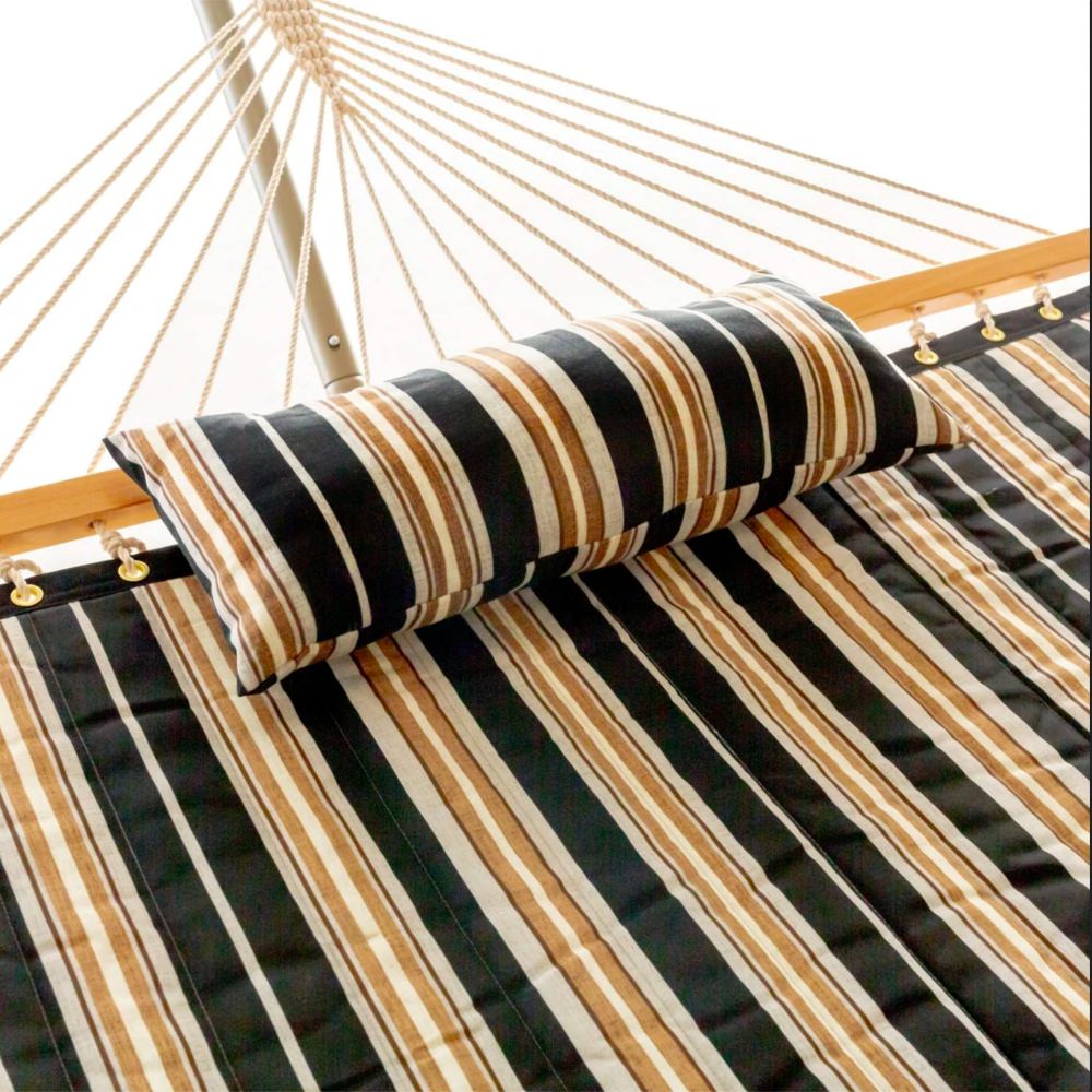 Deluxe 52'' Quilted Fabric Hammock with Patented KD Space Saving Hammock Stand and Pillow Combo - Beige and Black Stripe
