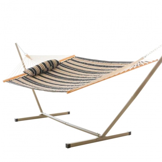 Deluxe 52'' Quilted Fabric Hammock with Patented KD Space Saving Hammock Stand and Pillow Combo - Beige and Black Stripe