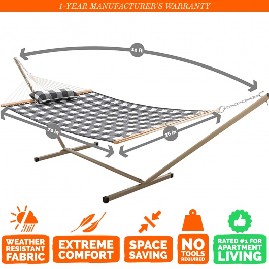Single 36'' Quilted Fabric Hammock with Patented KD Space Saving Hammock Stand and Pillow Combo - Buffalo Plaid