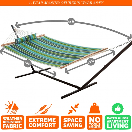 Single 36'' Quilted Fabric Hammock with Patented KD Space Saving Hammock Stand and Pillow Combo - Blue and Green Stripe