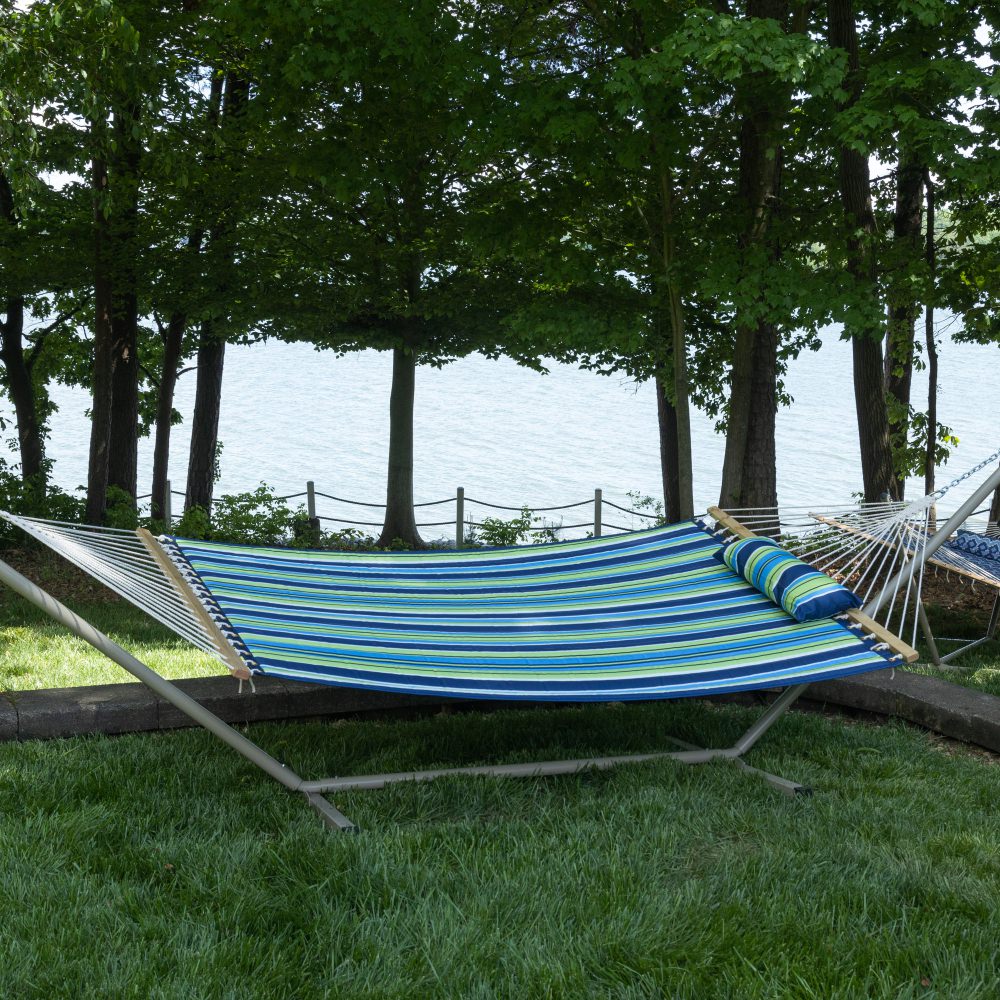 Single 36'' Quilted Fabric Hammock with Patented KD Space Saving Hammock Stand and Pillow Combo - Blue and Green Stripe