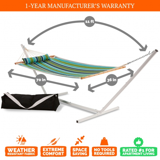 Single 36'' Quilted Fabric Hammock with Patented KD Space Saving Hammock Stand, Pillow & Storage Bag Combo - Blue and Green Stripe