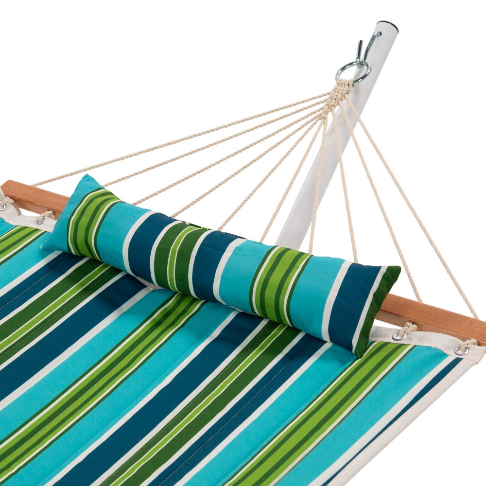 Single 36'' Quilted Fabric Hammock with Patented KD Space Saving Hammock Stand, Pillow & Storage Bag Combo - Blue and Green Stripe