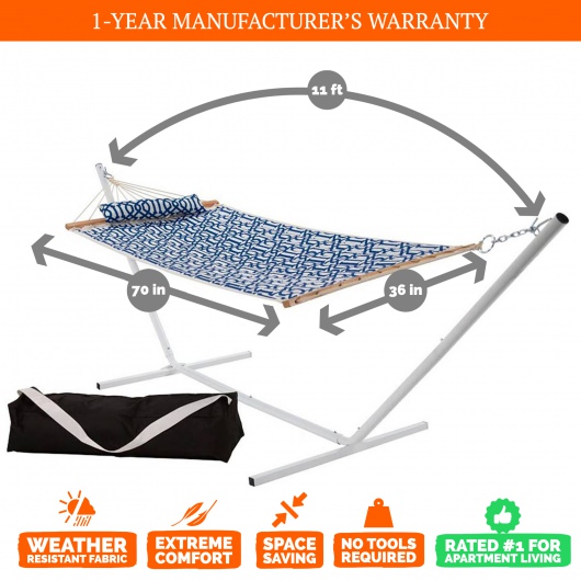 Single 36'' Quilted Fabric Hammock with Patented KD Space Saving Hammock Stand, Pillow & Storage Bag Combo - Navy