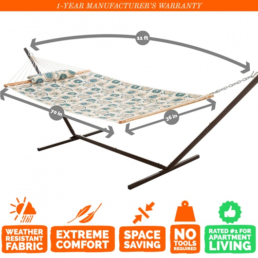 Single 36'' Quilted Fabric Hammock with Patented KD Space Saving Hammock Stand and Pillow Combo - Medallion