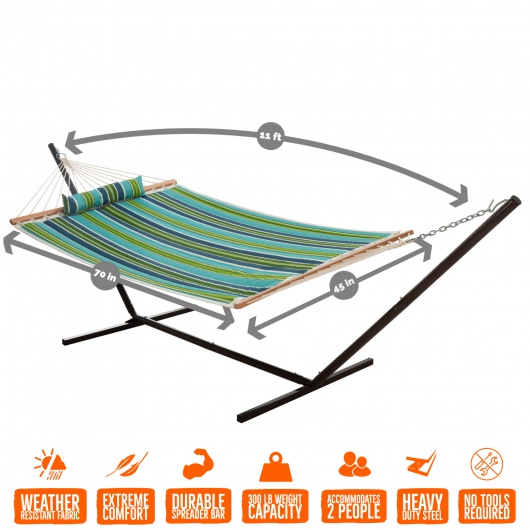 Large 45'' Quilted Fabric Hammock with Patented KD Space Saving Hammock Stand and Pillow Combo - Blue and Green Stripe