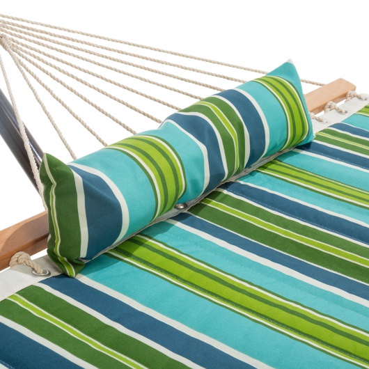 Large 45'' Quilted Fabric Hammock with Patented KD Space Saving Hammock Stand and Pillow Combo - Blue and Green Stripe