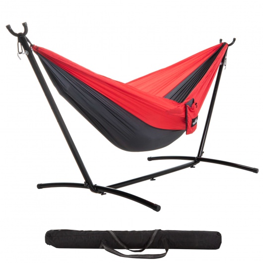 Double Travel Hammock Combo with Space Saving Stand & Storage Bag - Red/Charcoal