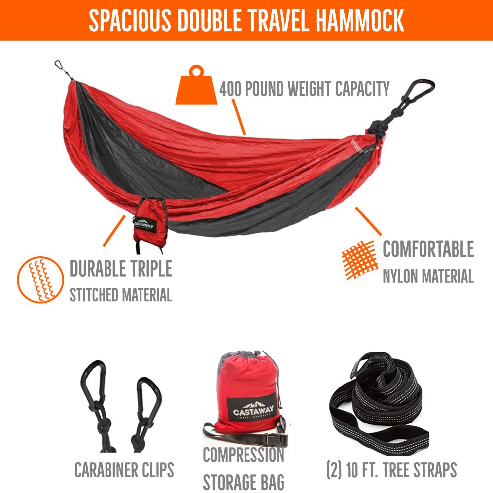 Double Travel Hammock Combo with Space Saving Stand & Storage Bag - Red/Charcoal