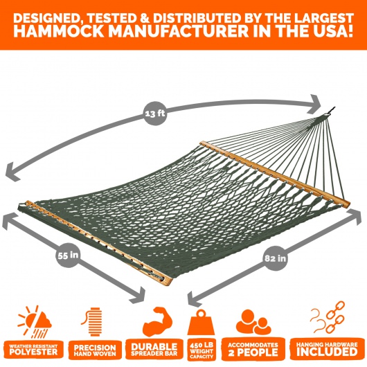 13 ft. Double Green Polyester Rope Hammock with Hanging Hardware & Storage Bag Included