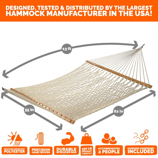 13 ft. Double Oatmeal Polyester Rope Hammock with Hanging Hardware & Storage Bag Included