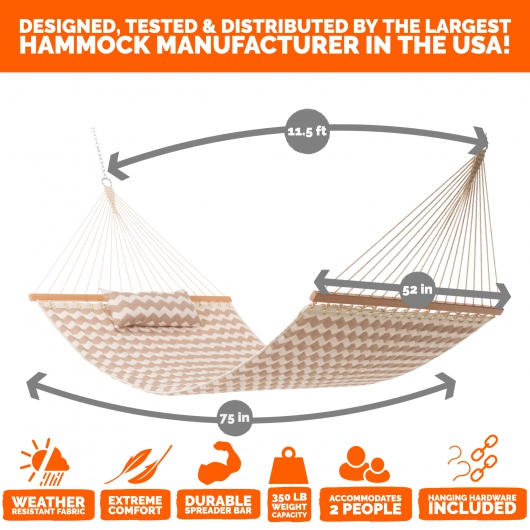Large Double Quilted Hammock with Detachable Pillow - Beige Chevron