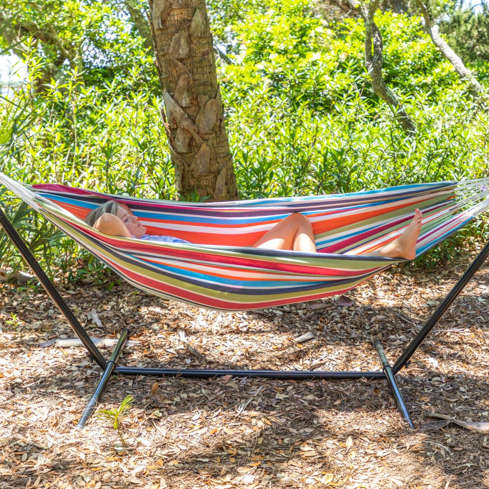 Brazilian Premium Polycotton Fabric Hammock Combo with Space Saving Stand & Storage Bag - Multicolor Stripe