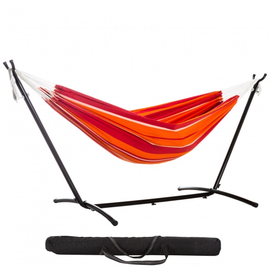 Brazilian Premium Polycotton Fabric Hammock Combo with Space Saving Stand & Storage Bag - Red & Orange Stripe