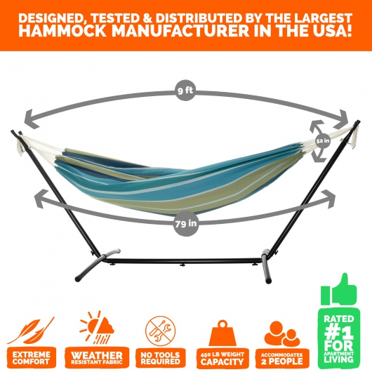 Brazilian Premium Polycotton Fabric Hammock Combo with Space Saving Stand & Storage Bag - Turquoise Multicolor Stripe